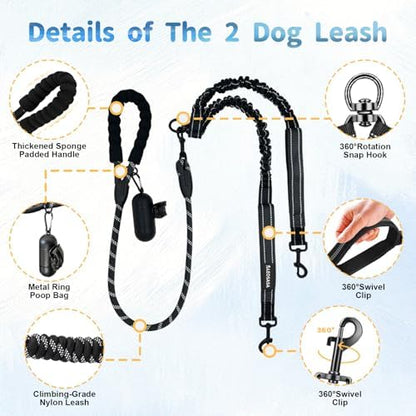 Double Dogs Leash - Removable Main Lead Rope with Splitter, No Tangle 2 Dog Coupler, Reflective No Pull Bungee, 3 Handle, D-Ring, Extra Long for Walk Train Medium Large Two Pet (Black) - Image 3