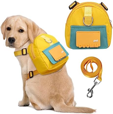 Dog Backpack Harness with Leash,Cute Pet Puppy Backpacks Bulid-in Dog Poop Bag Dispenser,Adjustable Pets Self Carrier Bag for Small Medium Dogs Travel Hiking Daily Walking(M, Yellow) by DoggieKit