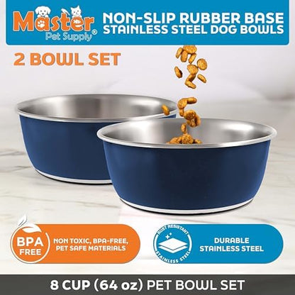 Master Pet Supply Stainless Steel Dog Bowls Set of 2 - Navy Blue - 64 Oz - Image 2