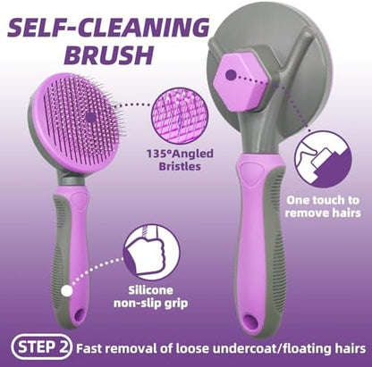Dog Brush for Shedding, 7 PCS Dog Grooming Brush Kit Including Undercoat Rake, Slicker Brush, Dematting Comb, Nail Clipper, Bath Brush for Long & Short Haired Dogs, Cats - Purple - Image 3