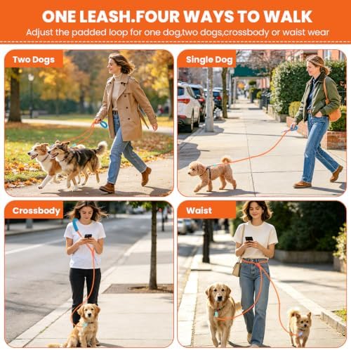 Double Dog Leash, Hands Free Dog Leash Set w/Sponge Handle, Adjustable 4.9-9.8ft for Walking Jogging Running Training, Multifunctional Handheld Crossbody Waist for Small Medium Dogs - Image 2