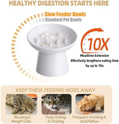 Ceramic Elevated Slow Feeder Cat Bowl - 6" Raised Cat Food Bowl for Bloat Relief & Anti-Vomiting, Whisker Friendly Ceramic Cat Slow Feeder for Indoor Cats, Kittens, Puppies - White(1pc) - Image 3