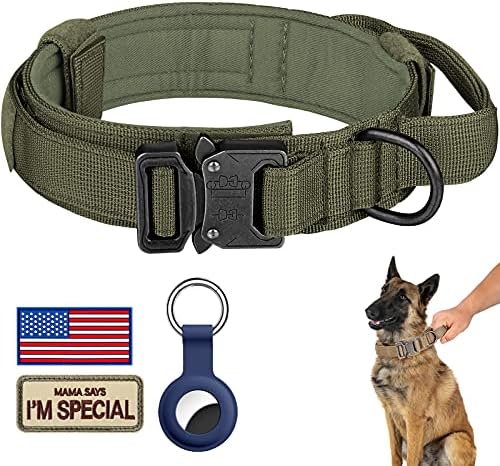 DAGANXI Tactical Dog Collar, Adjustable Military Training Nylon Dog Collar with Control Handle and Heavy Metal Buckle for Medium and Large Dogs, with Patches and Airtags Case (M, Green) by DAGANXI