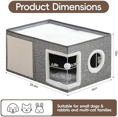 Extra-Wide Cat Houses for Indoor Cats, Large Cat Cave Bed with Fluffy Ball and Scratch Pad, Foldable Covered Kitten Bed for Multiple Cats, 23.6x16x13 inches, Grey - Image 4