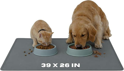 TidyFriend Pet Food Mat - 39 x 26 x 0.5 Inches, Pet Tray for Food and Water, Dog Food Mats, Silicone Cat Food Mat, Non Slip Pet Food Mat Large, Dog Bowl Mat Waterproof, Pet Supplies (Dark Grey)