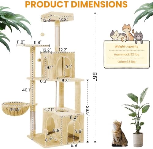 54-Inch Cat Tree Tower with 2 Caves & 2 Pompoms - Multi-Level Tower for Indoor Cats, Soft Plush Condo with Scratching Posts - Sturdy Base for Large Cats(Beige) - Image 2
