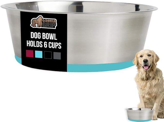GORILLA GRIP Dog Bowl, Holds 6 Cups (48 fl oz), Food Grade 304 Stainless Steel Food and Water Bowl for Feeding Dogs and Cats, BPA Free Rubber Base, Easy Clean, Dishwasher Safe,Rust Resistant Turquoise