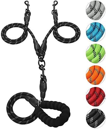 Double Dog Leash Reflective Detachable Coupler &360° Swivel Tangle Free,Heavy Duty Rope Leash Control with Padded Handle for Dual Large Medium Dogs Walking Running Training(Classic Black) by Gokotta