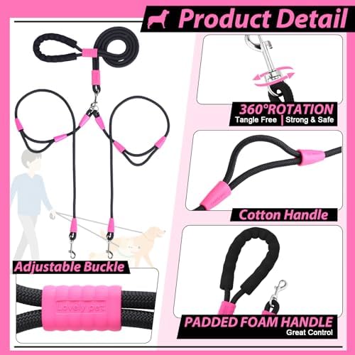Thinkday Double Dog Leash for 2 Dogs, 5.9 ft No Tangle Dual Dog Leash with 2 Waste Bags, Hands Free Adjustable Crossbody Rope with Padded Handles, No Pull Lead for Small Medium Large Breeds - Image 3