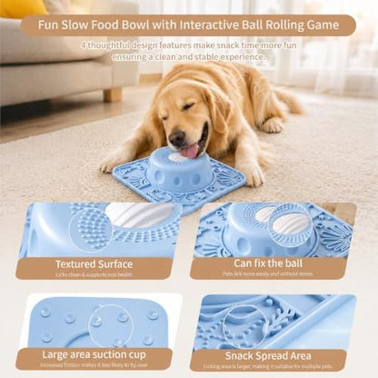 Dog Licking Slow Feeder Bowl with Rolling Ball Anti-Gulping, 2 in 1 Dog Non-Slip Lick Mat, Edible Silicone for Wet Food, Yogurt, Bone Broth, Nutrient Solution Blue - Image 2
