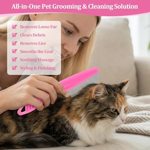 6 Pack Pet Grooming Combs, Stainless Steel Dog and Cat Grooming Combs with Rounded Teeth, Double-Sided Professional Pet Tear Stain Remover for Small, Medium, and Large Pets (Pink) - Image 4