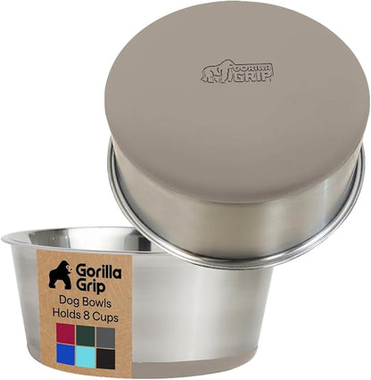 GORILLA GRIP Dog Bowls, Food Grade 304 Stainless Steel, Holds 8 Cups Each (64 fl oz) Food and Water Bowl for Feeding Dogs and Cats, Dishwasher Safe, Rust Resistant, BPA Free Rubber Base Set of 2 Beige