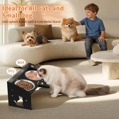 Elevated Cat Bowls with Splash Proof, 12°Tilted No Spill Raised Cat Food Water Bowls Set, Stainless Steel Pets Dishes with Adjustable Cute Metal Stand for Indoor Kitten Puppy, Anti-Vomiting - Image 3