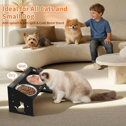 Elevated Cat Bowls with Splash Proof, 12°Tilted No Spill Raised Cat Food Water Bowls Set, Stainless Steel Pets Dishes with Adjustable Cute Metal Stand for Indoor Kitten Puppy, Anti-Vomiting - Image 3