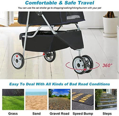 BestPet | 3-Wheel Foldable Pet Stroller | Black | Lightweight & Portable - Image 4