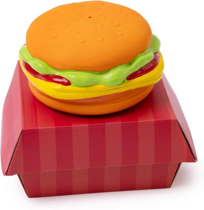 Dog Toy - Hamburger Themed Design, Extremely Durable, Squeaky, Perfect Chew and Fetch Toy, Unique Burger Packaging