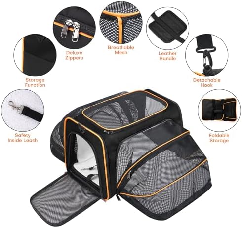 Pet Carrier, Large Soft Sided Expandable Travel Carrier with Steel Frame, Anti-Scratch Mesh, Removable Fleece Pad and Pockets for Cats, Dogs and Small Animals up to 15 lbs (Black, 5 Sides Expandable) - Image 6