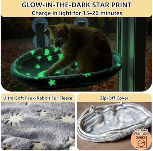 Cat Window Perch Hammock - Glow in the Dark Cordless Foldable Pet Bed with Sturdy Metal Frame & Strong Suction Cups, Star Print Resting Seat for Indoor Cats with Removable Washable Cover - Image 5