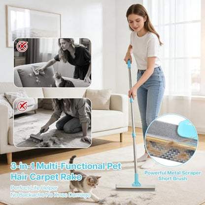 3PCS Carpet Rake for Pet Hair Removal, 54” Adjustable Long Handle, Dual-Sided Metal & Silicone Head,Reusable Pet Hair Remover Scraper Rake Carpet,Dog Hair Broom for Rugs,Mats,Couch and Furniture. - Image 5