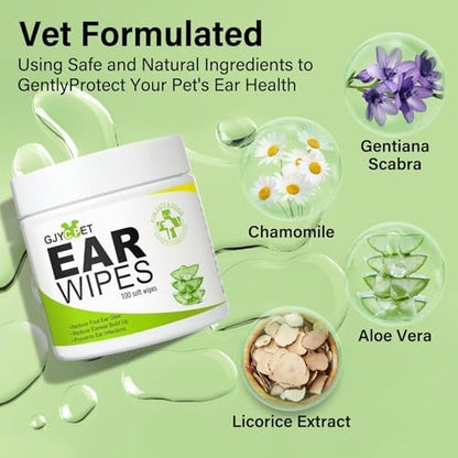 Dog Ear Wipes - Cat Dog Ear Cleaner, Puppy Ear Wipes Wash Cleaner for Dogs Cats - 100 Wipes for Dog Cat Ear Cleaning, Remove Ear Wax Dirt Debris for Dogs Cats Ear Infection Treatment Wipes - Image 3