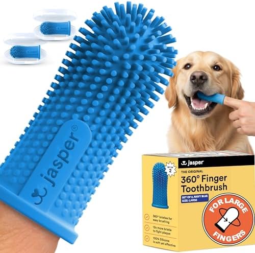 Jasper Large Dog Toothbrush, 360 Degree Pet Tooth Brushing Kit, Cat Toothbrush, Canine Dental Care & Teeth Cleaning Kit, Pet Finger Tooth Brush, Use with Dog Toothpaste, 2-Pack Navy-Blue Large by OralWellnessforPets