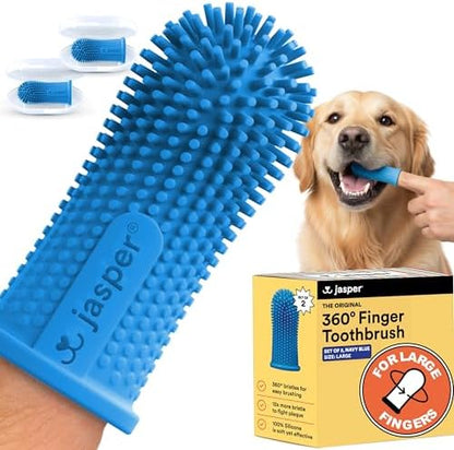 Jasper Large Dog Toothbrush, 360 Degree Pet Tooth Brushing Kit, Cat Toothbrush, Canine Dental Care & Teeth Cleaning Kit, Pet Finger Tooth Brush, Use with Dog Toothpaste, 2-Pack Navy-Blue Large by OralWellnessforPets