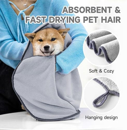 Dog Towels for Drying Dogs Small Medium Large, 2 Pack Dog Cat Drying Bath Towel 30.3"x13.8" with Hand Pocket,Absorbent Pet Towel for Dog Cat Grey - Image 2