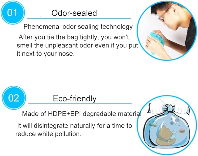 Odor Sealing Cat Litter Poop Clump Pick-Up Bags with Handles Scoop Tie Bags Dog Waste Bag, Leak Proof Pet Disposal, Unscented, 100 bags