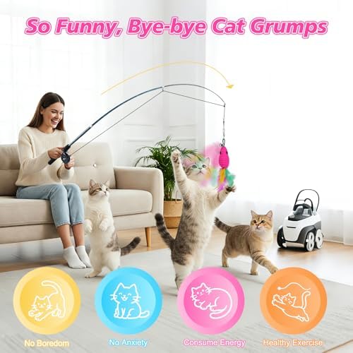 Pawaboo Cat Teaser Wand Toys, Cat Fishing Pole Toy with 3 PCS Feathers - Image 4