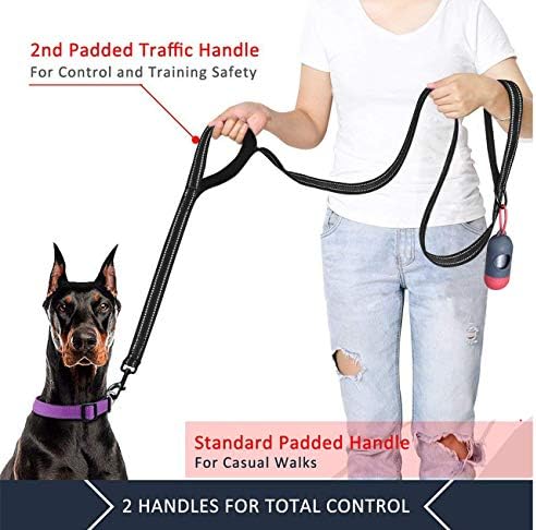JSXD Heavy Duty Double Handle Dog Leash - 5 FT with Comfortable Padded and Reflective Rope, Suitable for Small to Large Dogs (Wide-Black) - Image 2