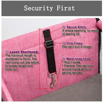 Pet Car Seat, Sturdy Reinforced Structure, Shortened Leash with Metal Snap Hook, Loops for Seat Belt, Waterproof Thick Soft Fleece Pad