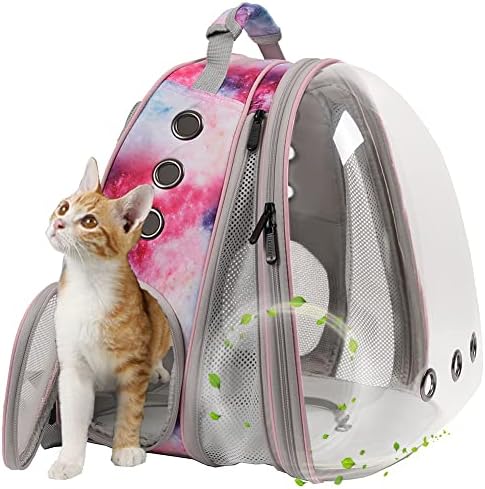 Front Expandable Cat Backpack Carrier, Fit up to 20 lbs, Space Capsule Astronaut Bubble Window Backpack for Large Fat Cat and Small Puppy, Galaxy Pink Print by halinfer
