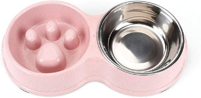 Slow Feeder Dog cat Double Bowl Stainless Steel and Anti-Choking Pink