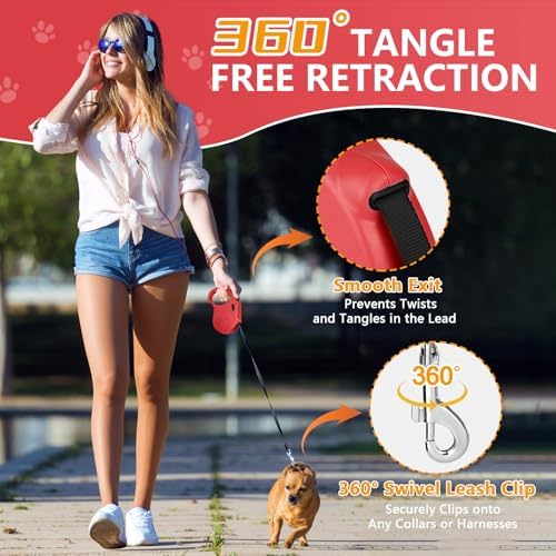 Retractable Dog Leash, 16ft Dog Walking Leash for Small Dogs up to 77lbs, Non-Slip Handle - Red - Image 6