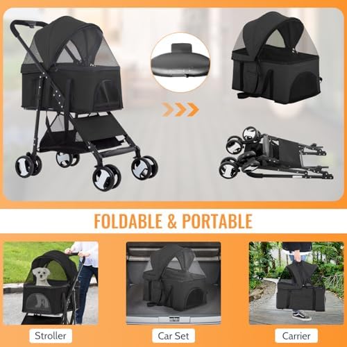 FDW 4-Wheels Multi-Function Dog Stroller Jogger with Detachable Carrier, Lightweight Travel Stroller for Small & Medium Pets, Black - Image 4