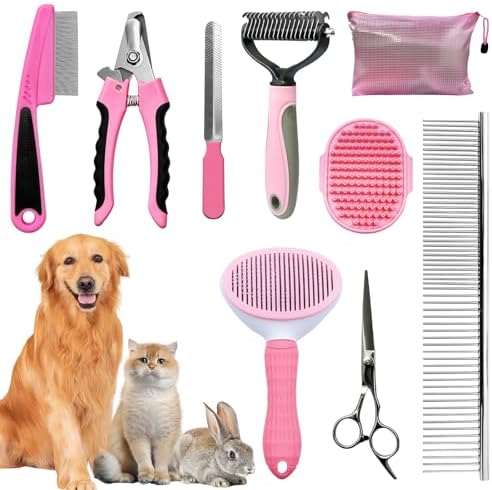Dog Brush & Grooming Kit – 9-Piece Pet Brush & Deshedding Set for Shedding, Bathing, Trimming & Nail Care | Grooming Tools for Dogs & Cats, Includes Comb, Nail Clipper, Scissors, Slicker Brush (Pink) by Aiolpy