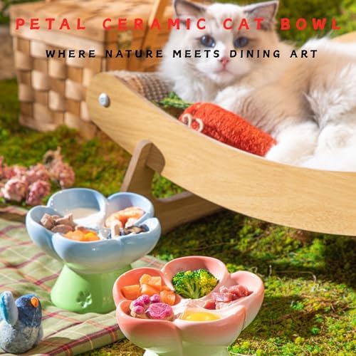 Ceramic Cat Divided Bowl Flower Shaped (5 Sections) - 4 Inch Elevated Design Cute Slow Feeder Bowl, Heavy Base, Under-Glazed Gradient Color - Separates Dry/Wet Food, Veggies, Fruits & Treats - Image 7