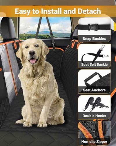 Dog Car Seat Cover, 600D Heavy Dute Car Seat Cover for Dogs Pets, 100% Waterproof Anti-Scratch Nonslip Dog Hammock for Cars, Seat Covers Protector with Seatbelt for Sedan SUV Truck XL Orange&Black - Image 2