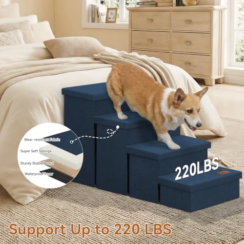Zerbuger Dog Stairs with Storage, Navy Blue 4 Steps Dog Ramp no Condo - Image 5