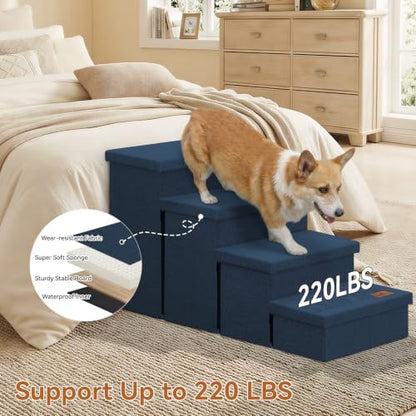 Zerbuger Dog Stairs with Storage, Navy Blue 4 Steps Dog Ramp no Condo - Image 5