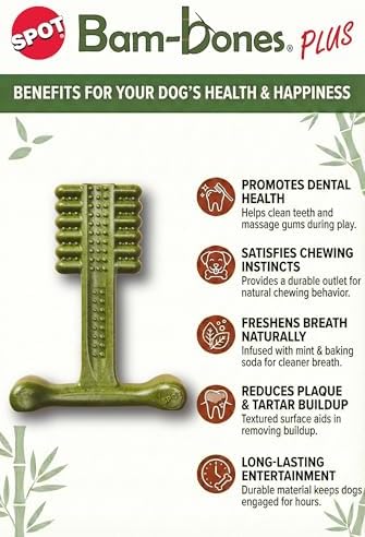 SPOT Bam-Bones Plus Toothbrush Dog Chew Toy for Large Dogs 60-90 lbs, Bamboo & Nylon Dental Chew with Mint & Baking Soda, T-Bone Shape for Moderate to Heavy Chewers, 7 Inch - Image 3