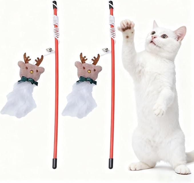 NOLITOY 3Pcs Christmas Cat Toy,Interactive Xmas Wand Sticks with Bell Attachment for Kitten Reindeer Xmas Indoor Pet Supplies