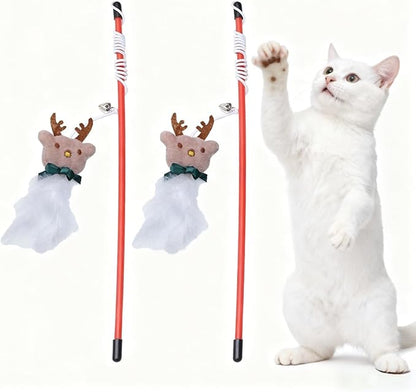 NOLITOY 3Pcs Christmas Cat Toy,Interactive Xmas Wand Sticks with Bell Attachment for Kitten Reindeer Xmas Indoor Pet Supplies