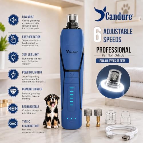 Candure Whisper Quiet Dog Nail Grinder with 360 Degree LED Light, 6-Speed Rechargeable Pet Nail Trimmers with Extra Grinding Head for Safe, Stress-Free Grooming for All Pet Sizes (Dark Blue) - Image 2