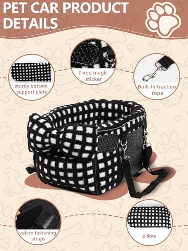 Prpeko Portable Dog & Cat Car Seat - Under 13 lbs, With Cozy Bow Neck Pillow (Grid-Black) - Image 5