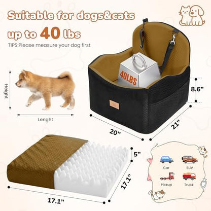 Dog Car Seat for Medium/Small Dogs, Dog Booster Car Seat, Pet Booster Seats Up to 40lbs with Waterproof Layer, 3 Storage Pockets and Safety Belt (Black/Brown) - Image 5
