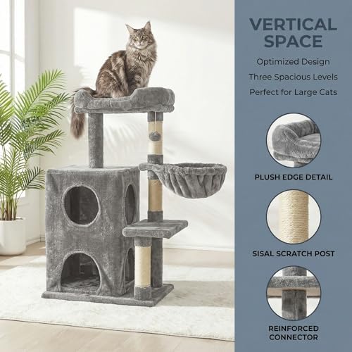Fansafurn Cat Tree Tower for Indoor Cats, 36-inch Adult Cat Tree House for Large Adult Cats with Steps, Scratching Post, 2 Cat Condo, Dangling Toys, Light Grey - Image 3