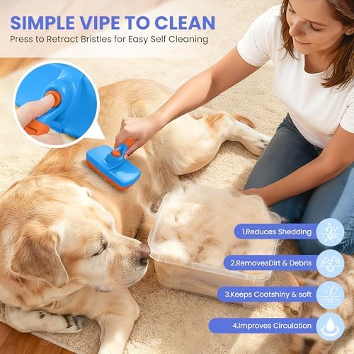 Self Cleaning Shedding Brush - 5-in-1 Professional Pet Grooming Kit Skin Friendly Grooming Tool for Dogs, Cats, and Puppies, Deshedding and Hair Removal for Long and Short Haired Pets,（Blue-Orange） - Image 4