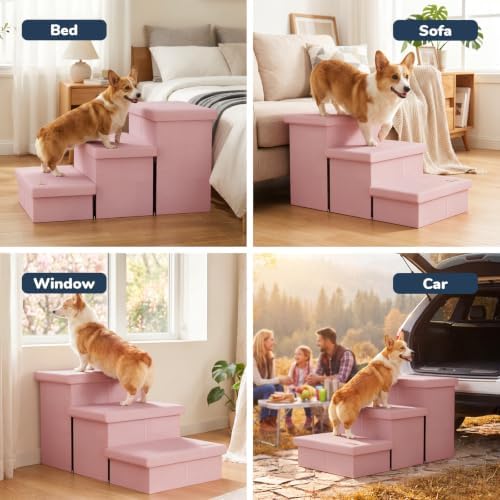 3-Step Wide Dog Stairs with Hidden Storage 18" H, Non-Slip Dog Steps for High Bed Couch Window Car, Jiont-Friendly Pet Stairs Ramp for Small/Medium/Large Old Dogs Cats Up to 200lbs, Pink - Image 4