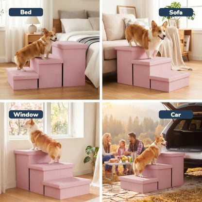 3-Step Wide Dog Stairs with Hidden Storage 18" H, Non-Slip Dog Steps for High Bed Couch Window Car, Jiont-Friendly Pet Stairs Ramp for Small/Medium/Large Old Dogs Cats Up to 200lbs, Pink - Image 4